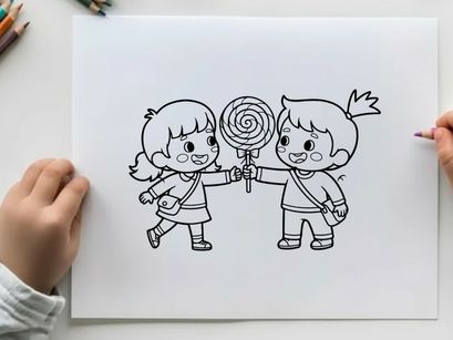 Children sharing lollipop happy friendship vector illustration