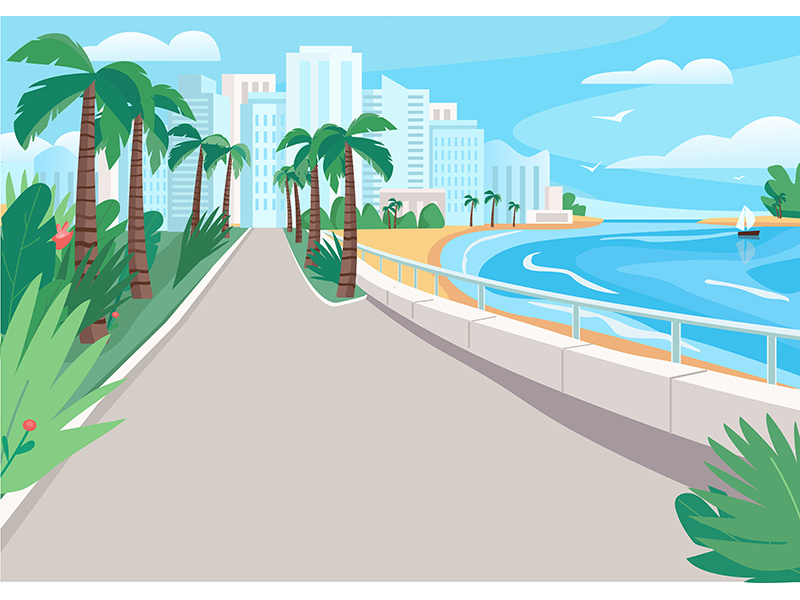Luxury seaside resort street flat color vector illustration