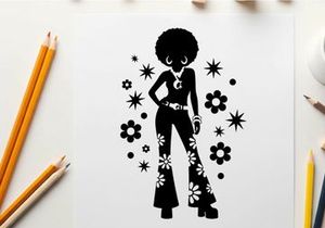 Groovy 1960s style silhouette of a woman with flowers