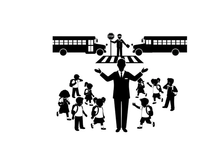 School crossing guard silhouette stopping children and buses