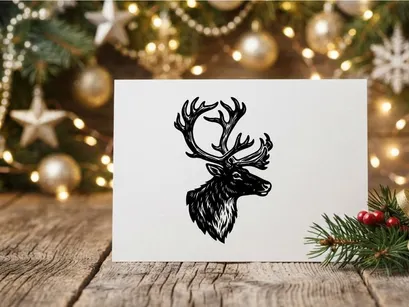 Reindeer head illustration, vintage style stag portrait for Christmas design projects.