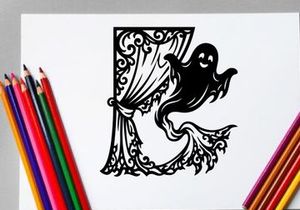 Decorative Halloween Ghost with Curtain and Ornate Frame