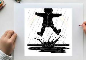 Silhouette of a child jumping in a puddle on a rainy day