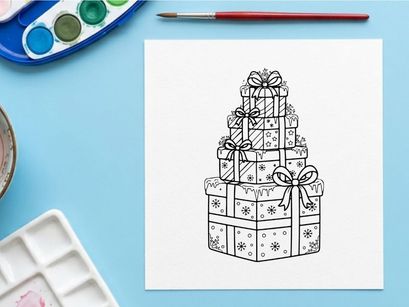 Stack of Christmas gift boxes with ribbons, hand drawn outline illustration for coloring