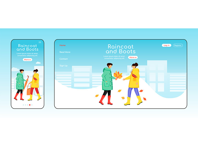 Raincoat and boots landing page flat color vector template