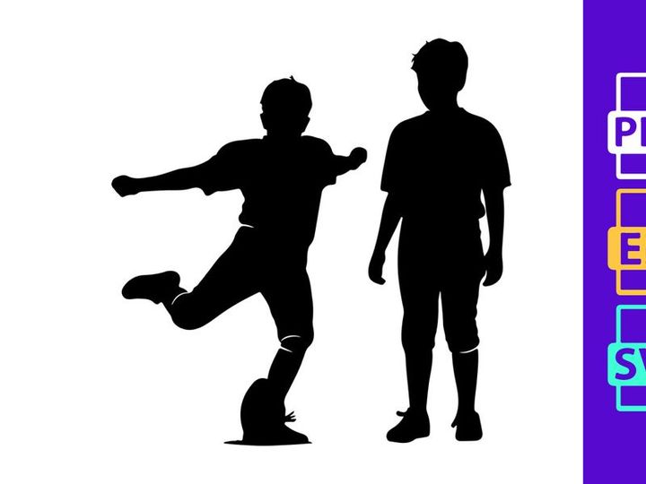 Two black silhouettes of boys playing soccer on a white background