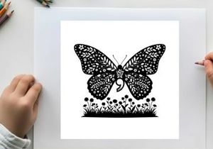 Butterfly silhouette with floral patterns and grass