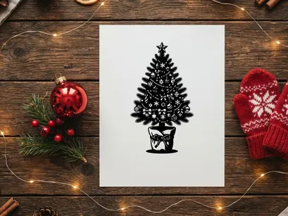Black and white Christmas tree illustration with ornaments and star in a decorative pot.