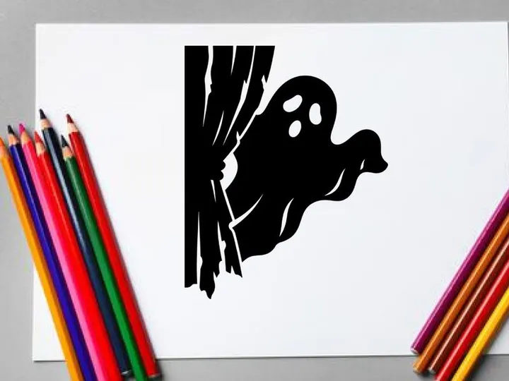 Silhouette of a ghost peeking through a curtain for Halloween or spooky themes
