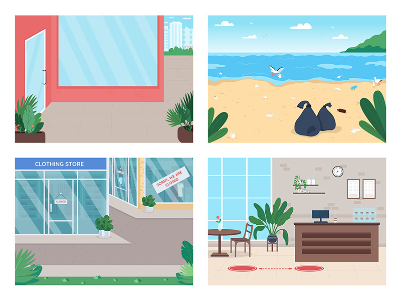 Quarantine flat color vector illustration set