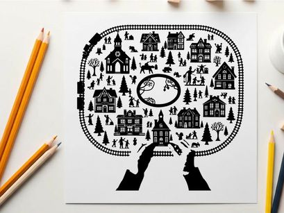 Winter village scene silhouette on a white background with hands holding edge