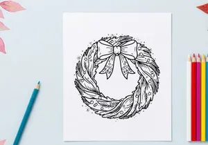 Weihnachtskranz-Linienkunst-Illustration mit dekorativer Schleife und festlichen Winterelementen