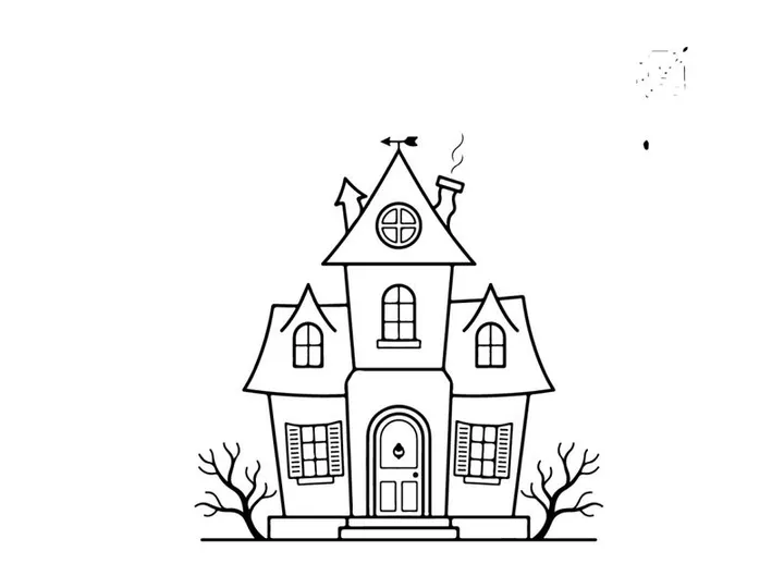Ilustração de casa assombrada com arquitetura gótica sinistra. Gráfico vetorial clássico de Halloween com mansão sinistra e árvores desfolhadas.