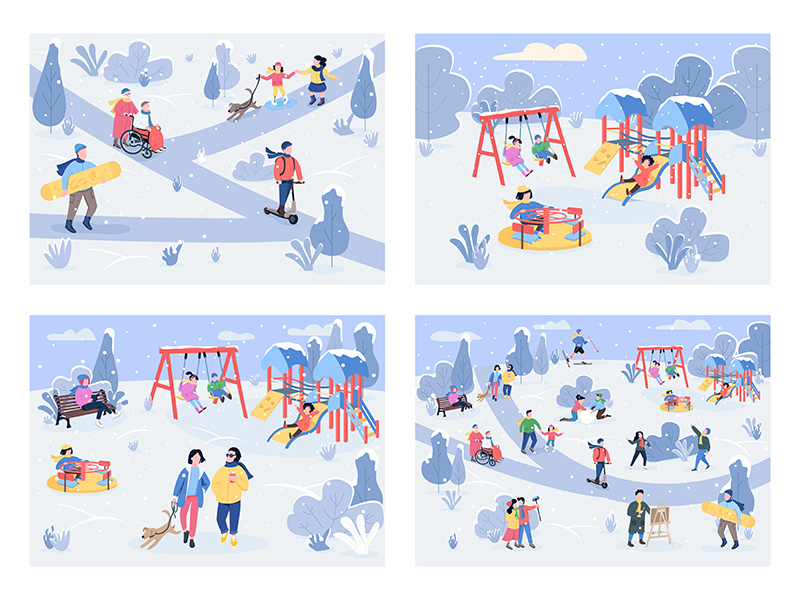Winter recreation area flat color vector illustration set