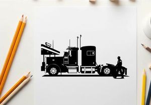 Silhouette of a man standing beside a large semi truck
