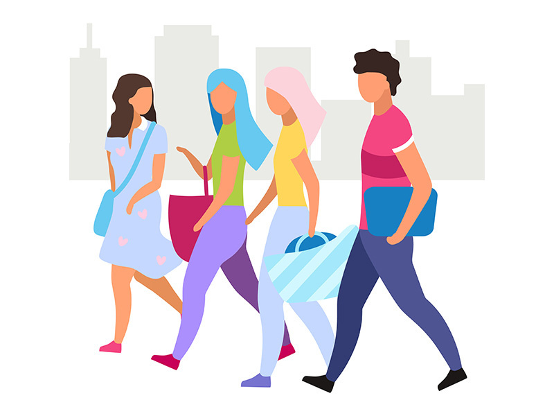 Friends go shopping together flat vector illustration