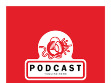 podcast logo with microphone and earphone audio, radio waves. for studio, talk show, chat, information sharing, interview, multimedia and web.