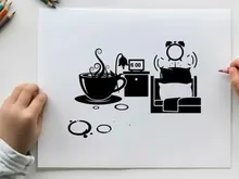 Silhouette of a cozy morning scene with coffee and bed
