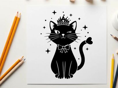 Regal silhouette cat in crown and bow tie with stars