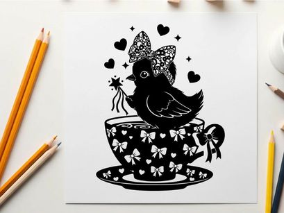 Whimsical silhouette bird on a teacup with bow and hearts