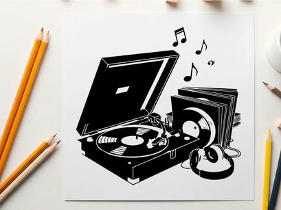 Vinyl record player silhouette with music notes and headphones