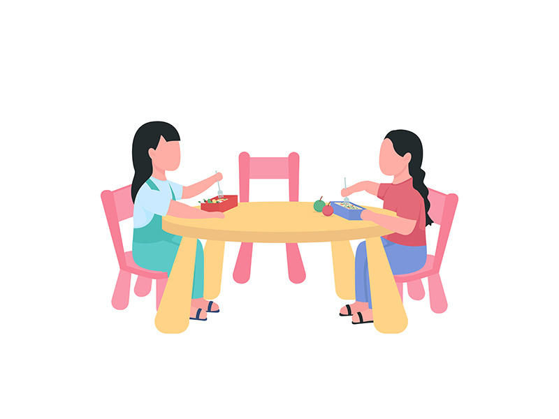Girl eating dinner in kindergarten flat color vector faceless characters