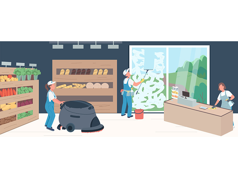 Supermarket cleaning flat color vector illustration