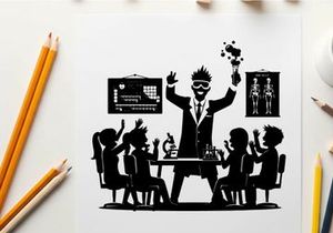 Silhouette of a man teaching students in a science classroom