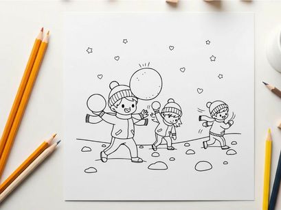Children playing snowball fight winter joy flat design vector illustration