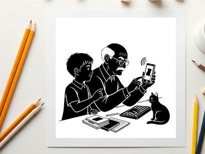 Silhouette of a man and child with cat looking at smartphone