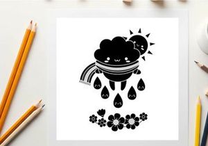 Silhouette of a smiling cloud with raindrops and flowers