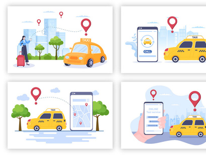 17 Online Taxi Booking Travel Service Flat Design Illustration