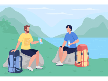 Trekkers drink water flat color vector illustration preview picture