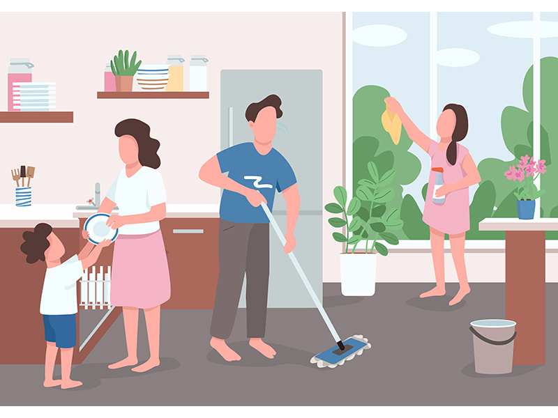 Spring cleaning flat color vector illustration