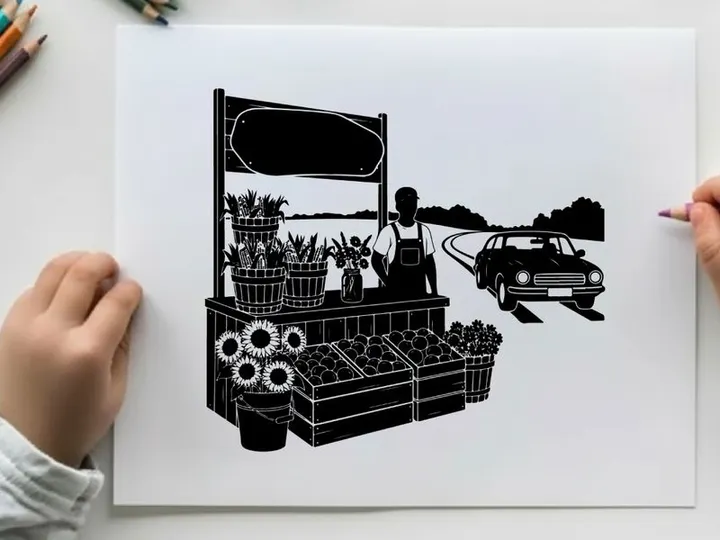 Silhouette of a man selling plants at a roadside stand