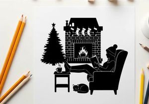 Cozy silhouette of person by christmas tree and fireplace