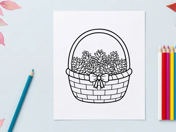 Black and white line art of a wicker basket filled with pinecones