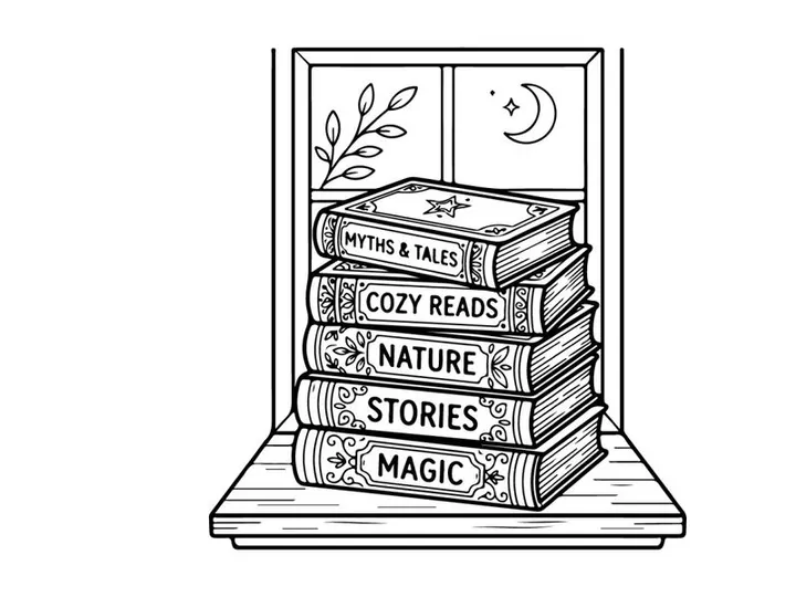 Hand-drawn cozy winter bookshelf illustration for festive holiday storytelling and relaxation