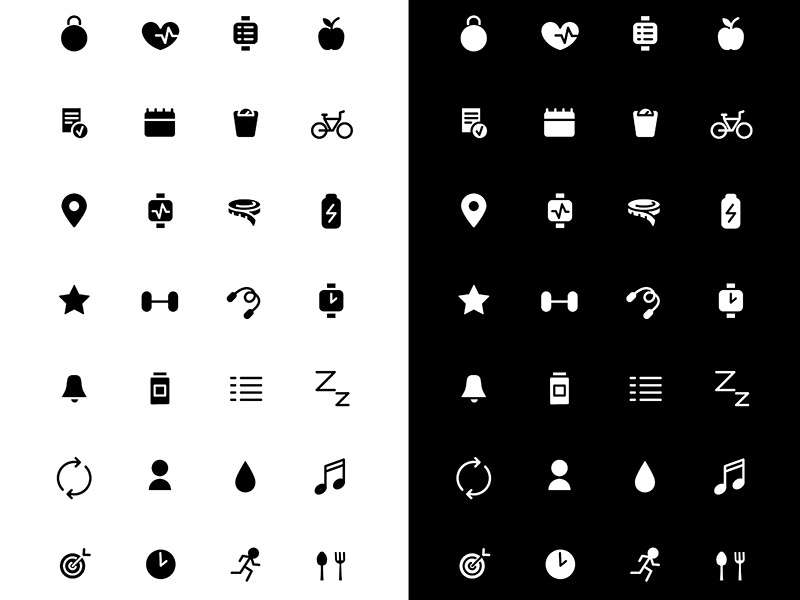 Fitness glyph icons set for night and day mode