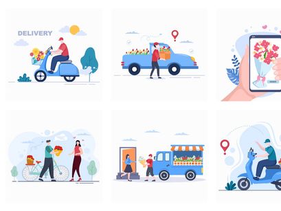 25 Flower Delivery Courier Service Online Vector Illustration