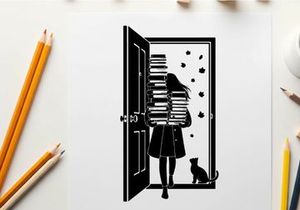 Silhouette of girl carrying books with cat in doorway silhouette