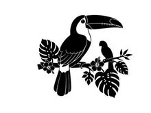 Silhouette of colorful toucan and tropical leaves on white