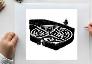 Silhouette of a person standing on a maze with a watchtower silhouette