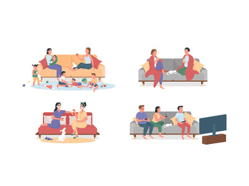 Resting at home on couch flat color vector faceless characters set preview picture