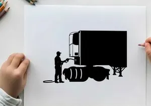 Silhouette of a man washing a semi truck with a hose