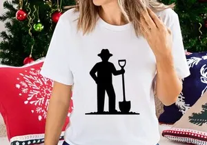 Farmer with shovel and hat gardening soil minimalist black silhouette
