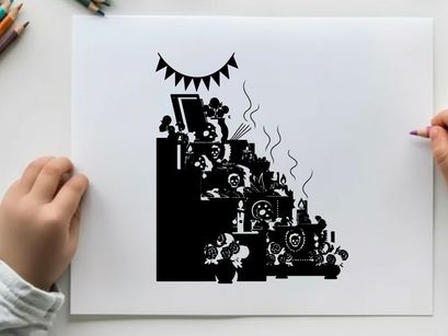 Silhouette of a decorated staircase with plants and banners