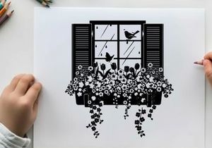 Silhouette of flowers and birds outside a window
