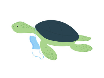Tortoise with discarded surgical face mask semi flat color vector character preview picture