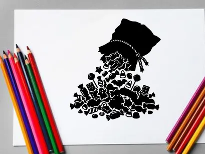 Silhouette de una mujer con sombrero grande y joyería, artístico en blanco y negro